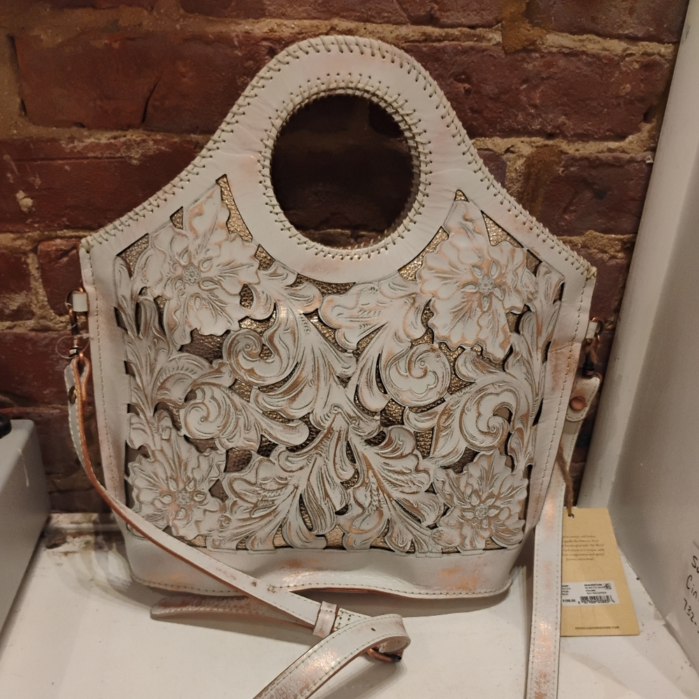 PATRICIA NASH, RARE Tooled Leather Moretto Shopper Bag White Copper NWT